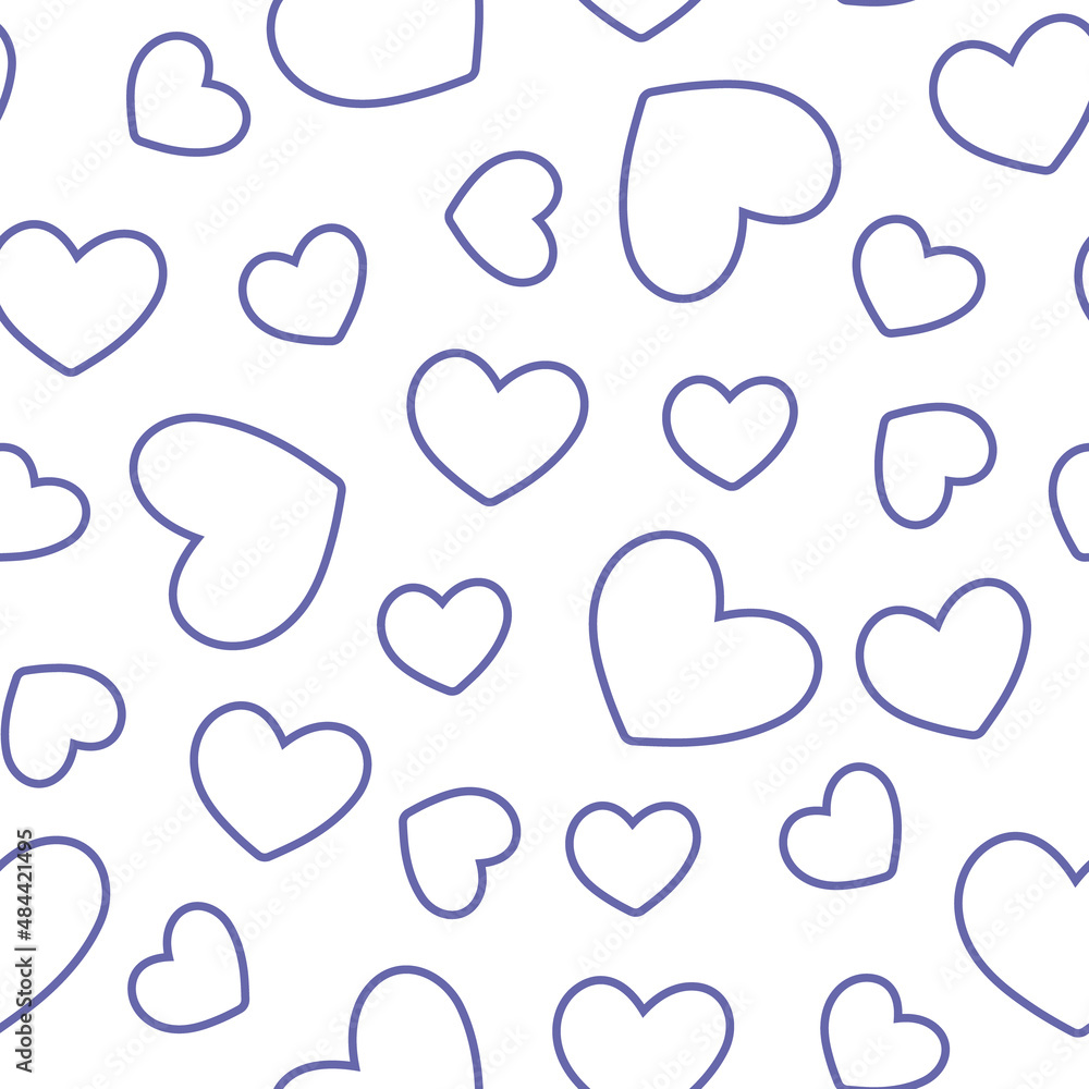 Color of year 2022 very peri seamless outline hearts pattern, vector illustration. Geometric seamless ornament with violet hearts on white background