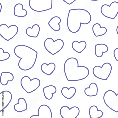 Color of year 2022 very peri seamless outline hearts pattern, vector illustration. Geometric seamless ornament with violet hearts on white background