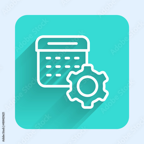 White line Calendar settings icon isolated with long shadow background. Date settings. Green square button. Vector