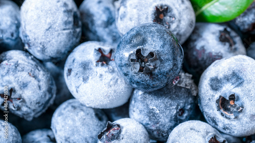 Frozen blueberry fruits, close up, top view