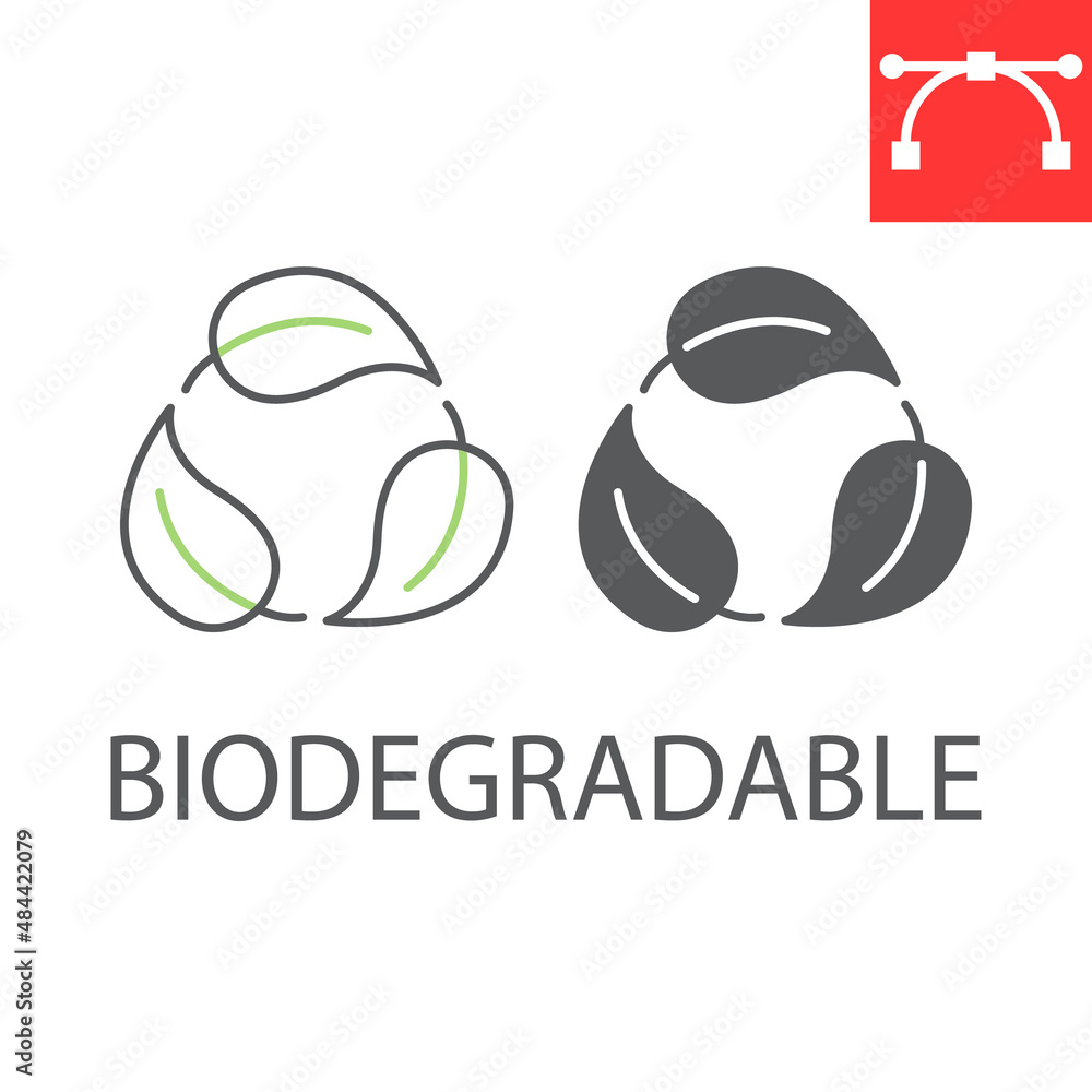 Biodegradable recyclable plastic line and glyph icon, eco and recycle, leaf recycling vector icon, vector graphics, editable stroke outline sign, eps 10. Biodegradable recyclable plastic line and glyph icon, eco and recycle, leaf recycling vector icon, vector graphics, editable stroke outline sign, eps 10.