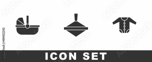 Set Baby stroller, Whirligig toy and clothes icon. Vector