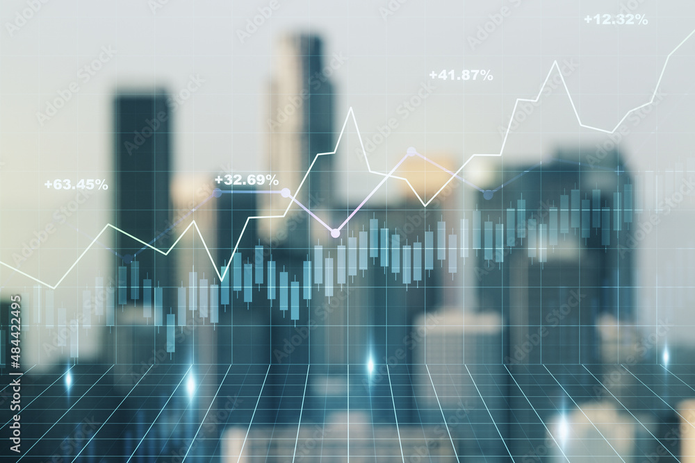 Multi exposure of virtual abstract financial graph interface on blurry skyscrapers background, financial and trading concept