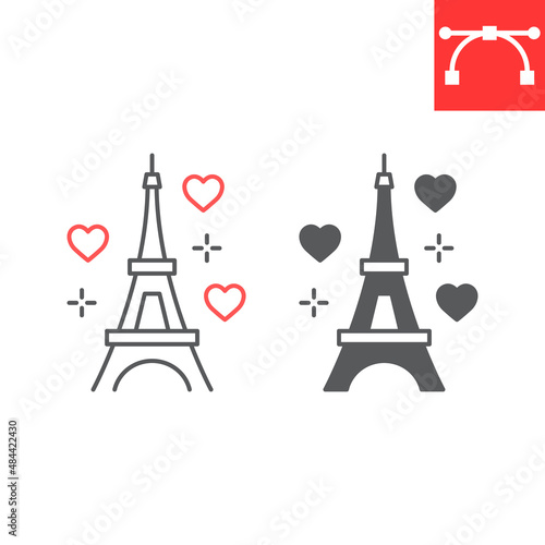 Eiffel tower line and glyph icon, valentines day and love, eiffel tower vector icon, vector graphics, editable stroke outline sign, eps 10.