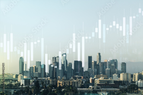 Multi exposure of virtual abstract financial graph interface on Los Angeles cityscape background, financial and trading concept © Pixels Hunter