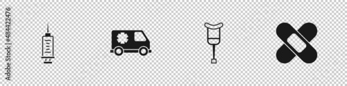 Set Syringe, Emergency car, Crutch or crutches and Crossed bandage plaster icon. Vector