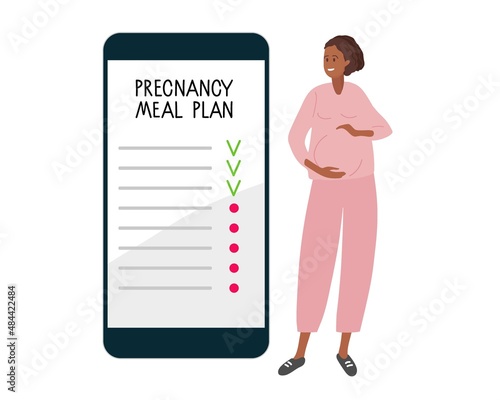Pregnancy Meal Plan. Pregnant woman keeps to diet. Smartphone diet plan. Woman wearing casual clothes. Healthy nutrition during pregnancyt. Smartphone interface with list. Flat Vector illustration.