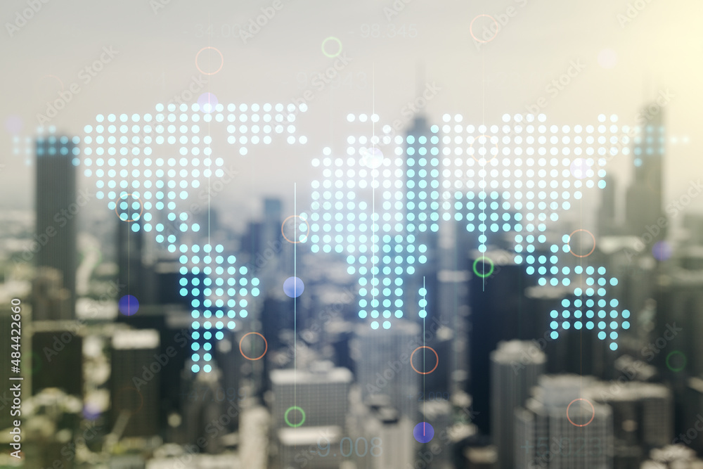 Multi exposure of abstract creative digital world map hologram on blurry cityscape background, research and analytics concept