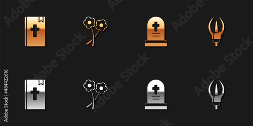 Set Holy bible book, Flower, Grave with tombstone and Lily flower icon. Vector