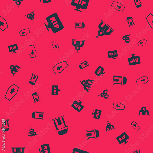 Set Old crypt, Speech bubble rip death, Coffin with cross and Church building on seamless pattern. Vector