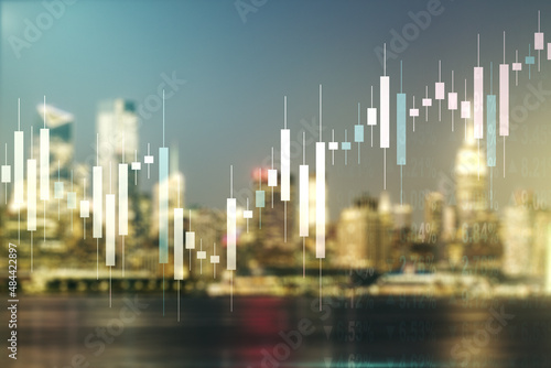 Multi exposure of virtual creative financial chart hologram on blurry cityscape background, research and analytics concept