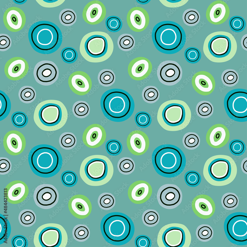 Circles seamless pattern on green background. Hand drawn doodle style vector.