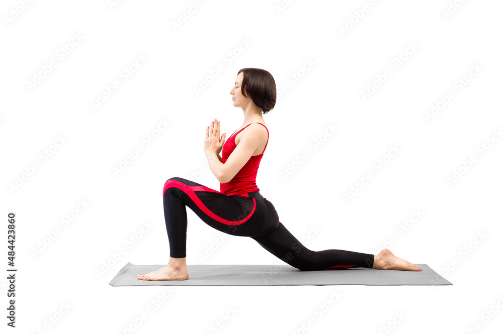 Yoga, riding posture. Attractive woman practice Ashva Sanchalanasana exercise with namaste hands at chest level, isolated on white. Yoga, riding posture. Attractive woman practice Ashva Sanchalanasana exercise with namaste hands at chest level, isolated on white.