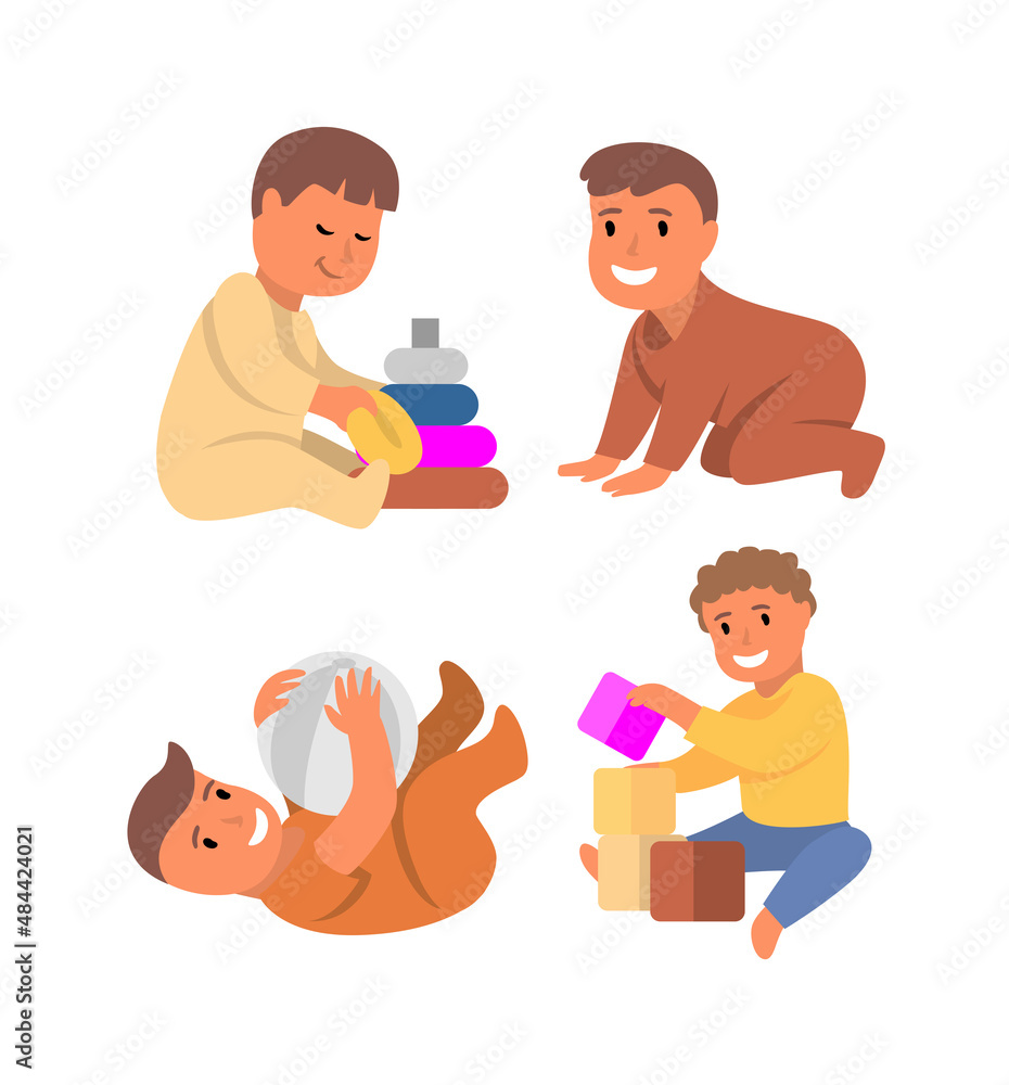Cartoon cute little babies set vector. Child boy, sitting, crawling Cartoon cute little babies set vector. Child boy, sitting, crawling