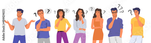 People flexing with question marks vector. Male and female characters standing in thoughtful pose.