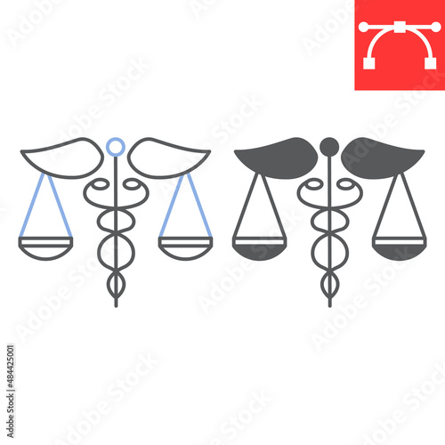 Health law line and glyph icon, medicine and justice, caduceus scale vector icon, vector graphics, editable stroke outline sign, eps 10.