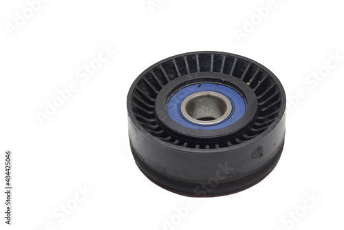 drive belt tension idler. black serpentine roller, with blue center. isolated on white background