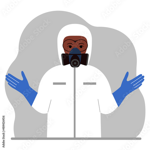 A man in a white radiation protective suit and a helmet with a respirator, chemical or biological safety uniform. Vector © Sunny_baby