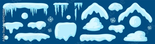 Vector set of snow caps, heaps, icicles, snowball, and snowdrifts. Seasonal elements, winter decorations, snow texture, roofs in the snow. Vector illustration isolated on blue background