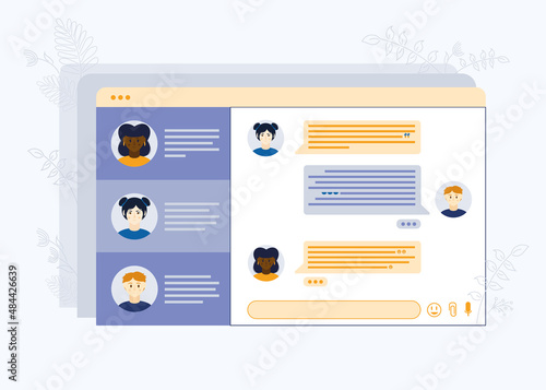 Online communication concept. Young people are chatting with social media elements. Young boy and girl chatting, desktop chatbot screen. Colleagues correspond in a working chat.