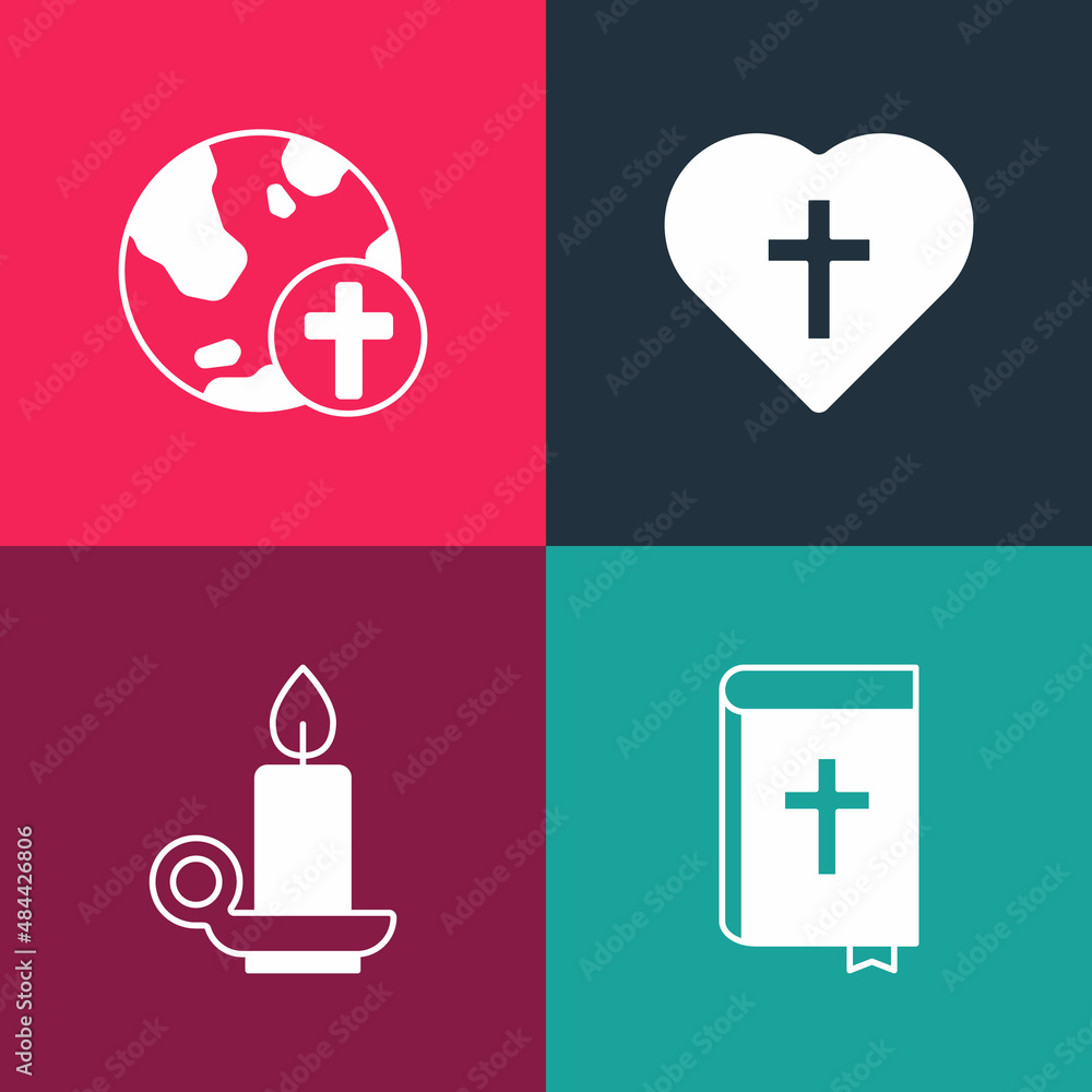 Set pop art Holy bible book, Burning candle in candlestick, Christian cross heart and with globe icon. Vector