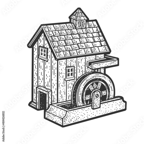 Water mill sketch engraving vector illustration. T-shirt apparel print design. Scratch board imitation. Black and white hand drawn image.