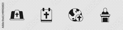 Set Pope hat, Calendar with Easter, Christian cross globe and Church pastor preaching icon. Vector