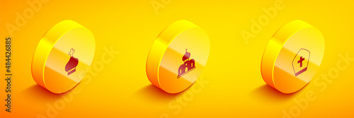 Set Isometric Christian church tower, Church building and Pope hat icon. Vector