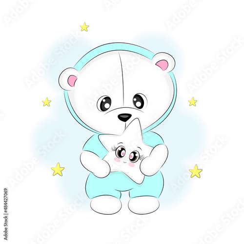 Cute white bear, polar bear, holding a star, cute children's illustration, for card design, print on textiles, on a t-shirt or gift box, children's room decoration, vector illustration.