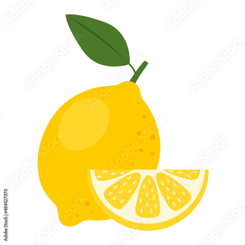 Lemon whole fruit and slice isolated on white background. Yellow lemon fruit icon for package design. Organic food, healthy nutrition, lemonade juice, vitamin c. Citrus vector illustration.