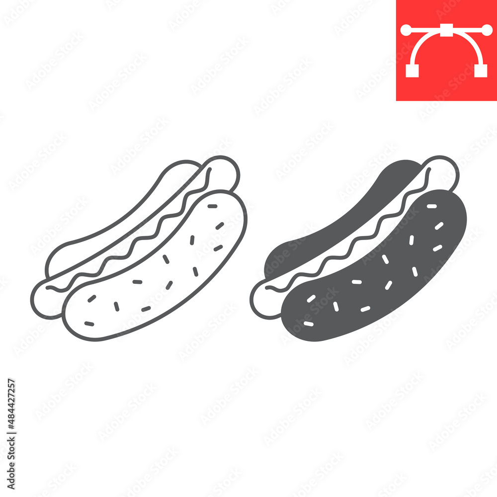 Hot dog line and glyph icon, junk food and sausage, hotdog vector icon, vector graphics, editable stroke outline sign, eps 10. Hot dog line and glyph icon, junk food and sausage, hotdog vector icon, vector graphics, editable stroke outline sign, eps 10.