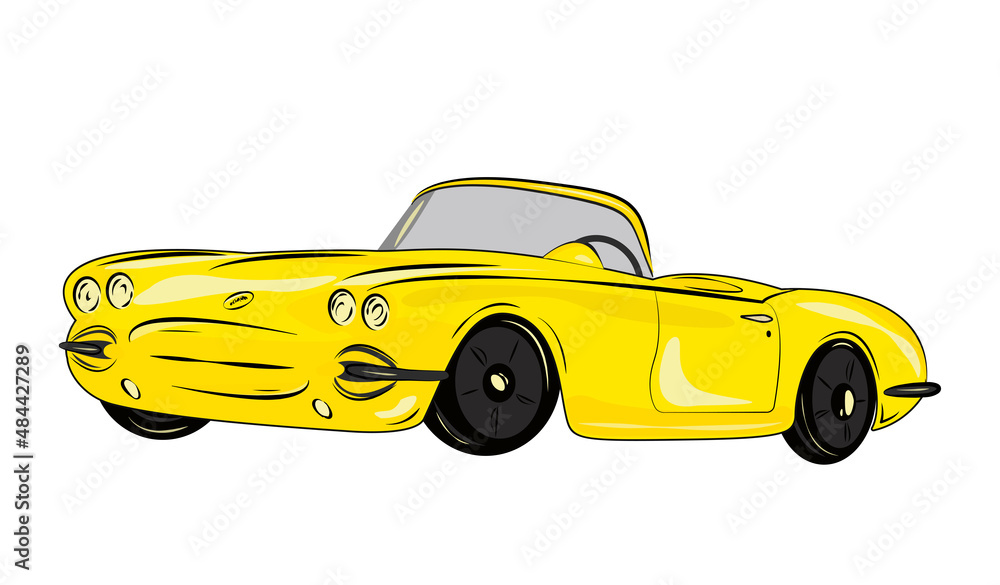 yellow retro auto chevrolet corvette - obrazy, fototapety, plakaty 