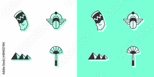 Set Egyptian fan, Nefertiti, pyramids and Scarab icon. Vector