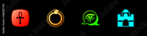 Set Cross ankh, Magic symbol of Ouroboros, Eye Horus and Egyptian house icon. Vector