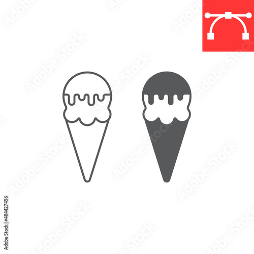 Ice cream line and glyph icon, frozen and sweet, ice cream cone vector icon, vector graphics, editable stroke outline sign, eps 10.