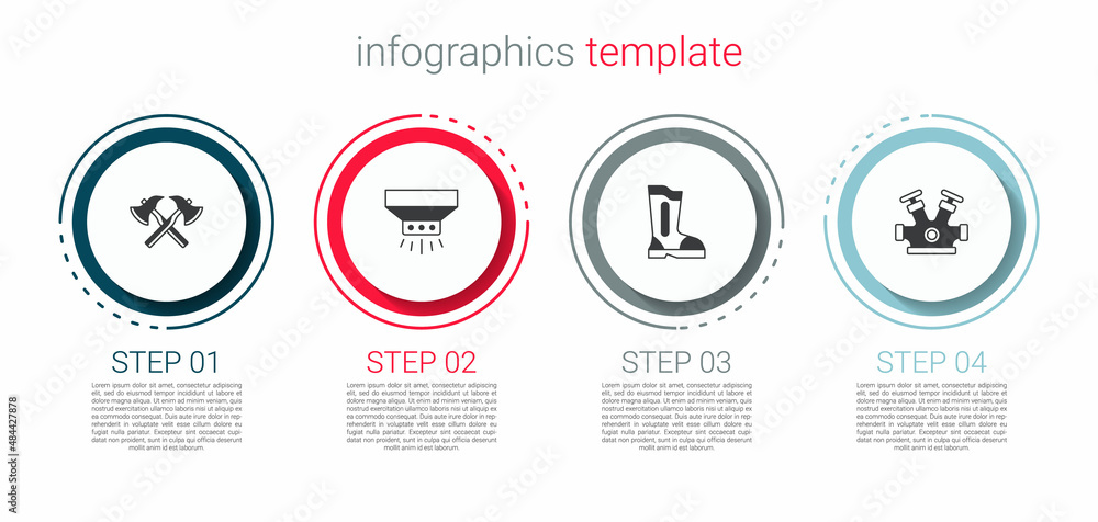 Set Firefighter axe, sprinkler system, boots and hydrant. Business infographic template. Vector Set Firefighter axe, sprinkler system, boots and hydrant. Business infographic template. Vector