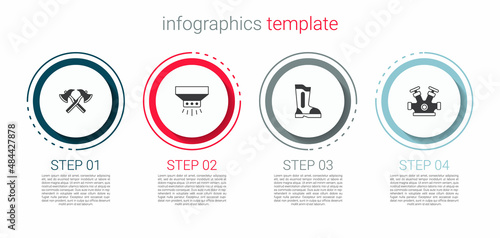 Set Firefighter axe, sprinkler system, boots and hydrant. Business infographic template. Vector