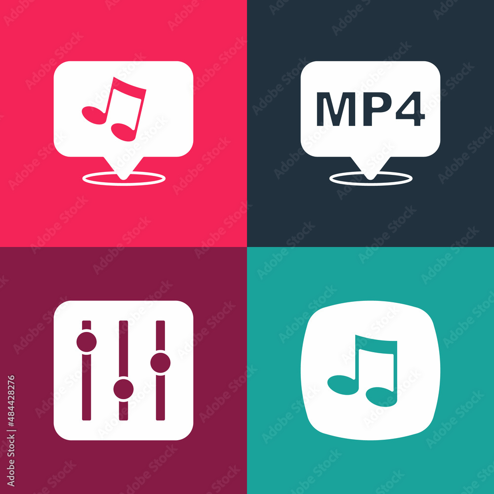 Set pop art Music note, tone, Sound mixer controller, MP4 file document and icon. Vector Set pop art Music note, tone, Sound mixer controller, MP4 file document and icon. Vector