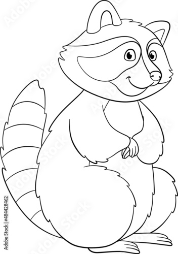 Coloring page. Cute raccoon stands and smiles.