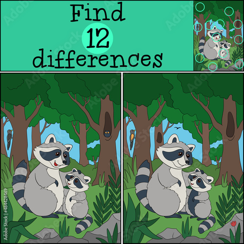 Educational game: Find differences. Mother raccoon stands with her little cute baby and smiles.