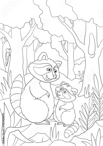 Coloring page with example. Mother raccoon stands with her little cute baby in the forest.