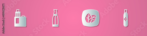 Set paper cut Vape mod device, liquid bottle, Tobacco leaf and Electronic cigarette icon. Paper art style. Vector