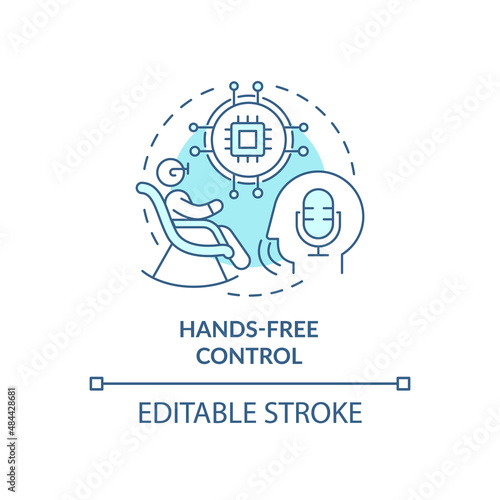 Hands-free control turquoise concept icon. Voice command device for elderly abstract idea thin line illustration. Isolated outline drawing. Editable stroke. Arial, Myriad Pro-Bold fonts used