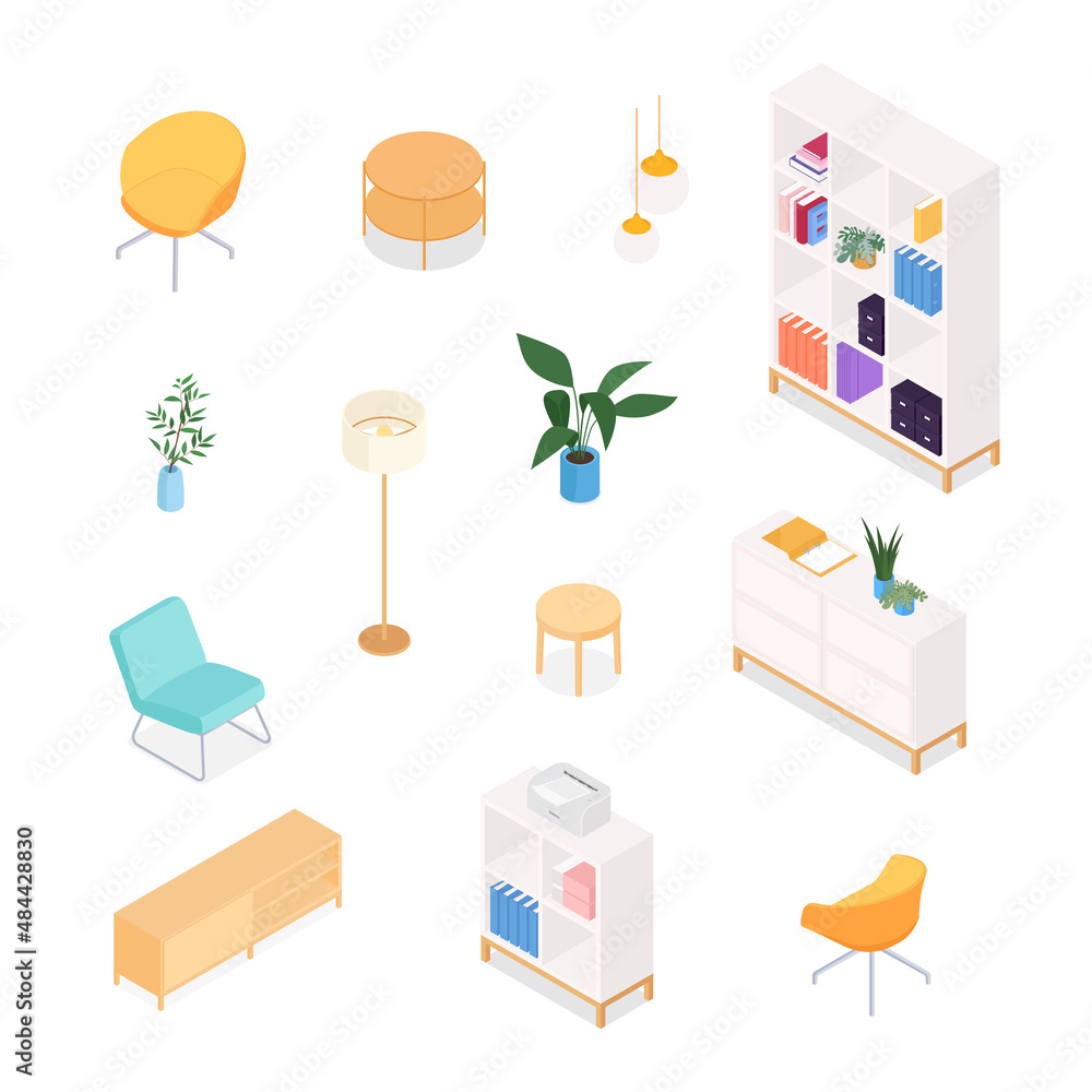 Set of isometric furniture and accessories. Vector collection. Illustration in flat design.
Set of isometric furniture and accessories. Vector collection. Illustration in flat design.