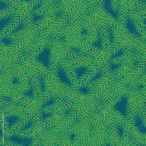 Fluffy branches of a Christmas tree. Green coniferous background. New Year seamless pattern.The texture is large for fabric, packaging, wallpaper. Vector.