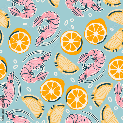 Cute seamless pattern, background, print, illustration with dumplings, lemons and shrimps. Vector graphics in cartoon style