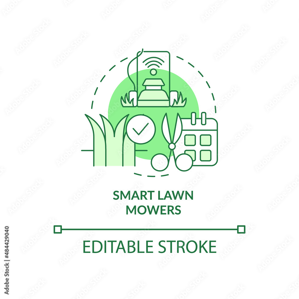Smart lawn mowers green concept icon. Smart agriculture abstract idea thin line illustration. Autonomous machine. Isolated outline drawing. Editable stroke. Arial, Myriad Pro-Bold fonts used