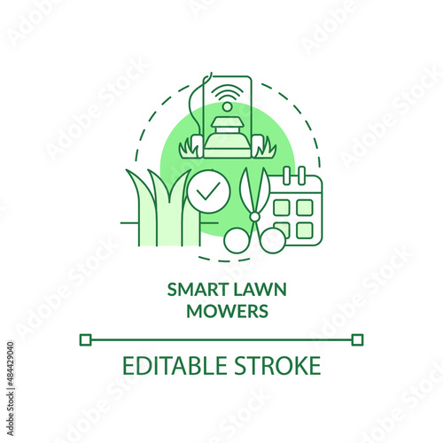 Smart lawn mowers green concept icon. Smart agriculture abstract idea thin line illustration. Autonomous machine. Isolated outline drawing. Editable stroke. Arial, Myriad Pro-Bold fonts used