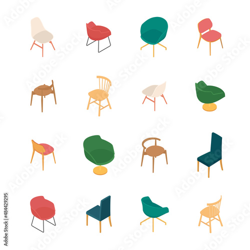 Set of isometric chairs and armchairs. Vector collection. Illustration in flat design.
