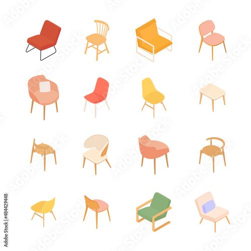 Set of isometric chairs and armchairs. Vector collection. Illustration in flat design.
